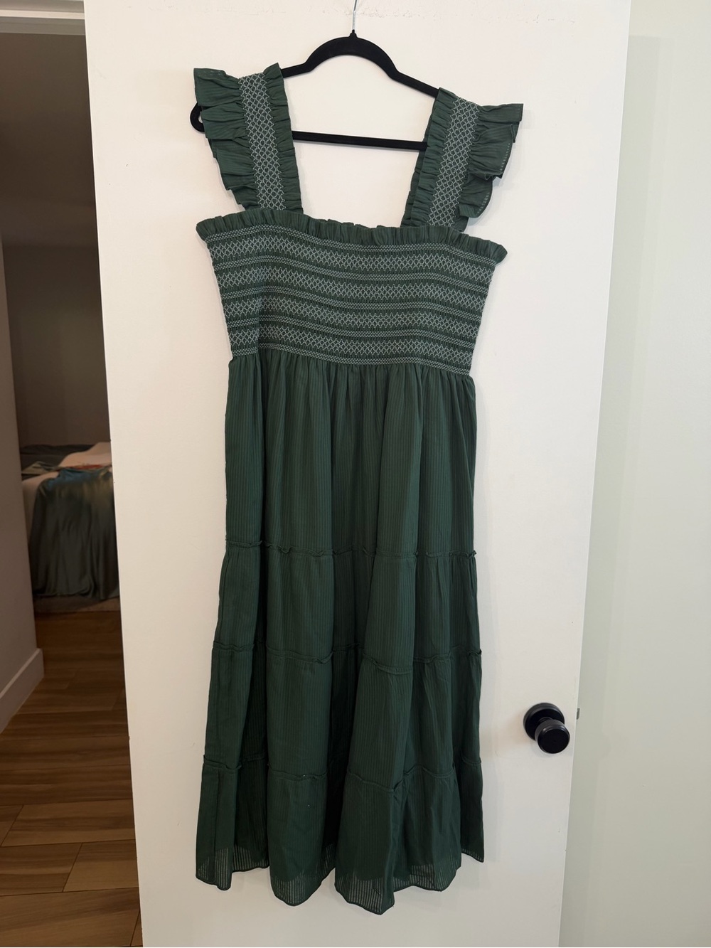 Hill House Smocked Ruffled Strap Midi Dress in Forest Green